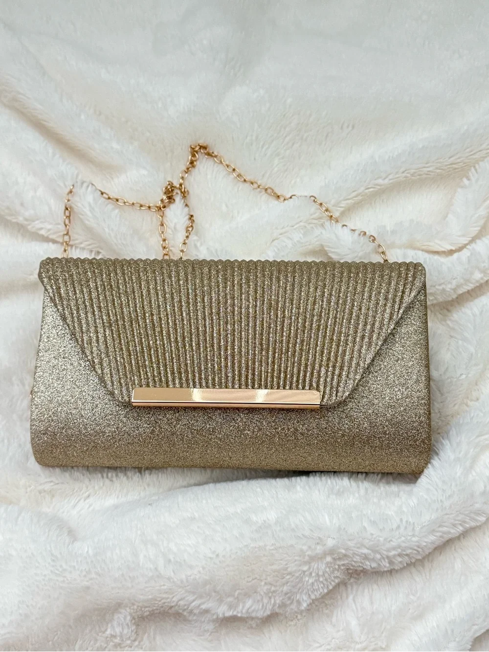 Champagne Gold Glitter Pleated Envelope Clutch | Elegant Evening Bag